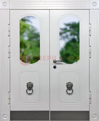 Белая двухстворчатая железная дверь со стеклом ДС-22