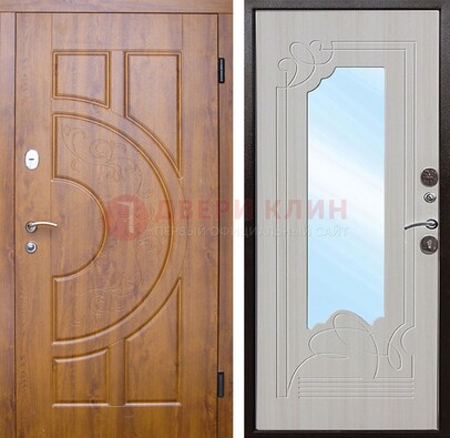 Коричневая металлическая дверь c МДФ с узором и зеркалом ДЗ-105
