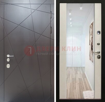 Железная коричневая дверь со светлой МДФ внутри и зеркалом ДЗ-125 в Мурино