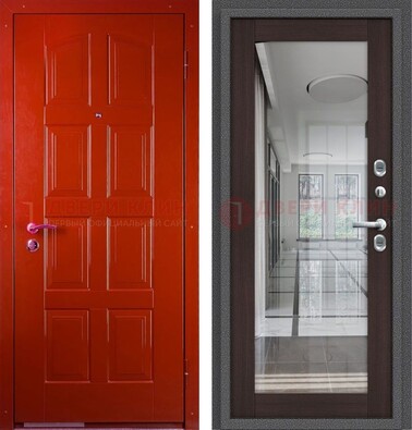Красная металлическая дверь с МДФ и зеркалом ДЗ-136 в Сургуте