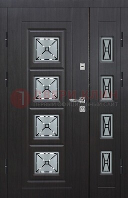 Чёрная двухстворчатая железная дверь с МДФ и витражом ВЖ-35